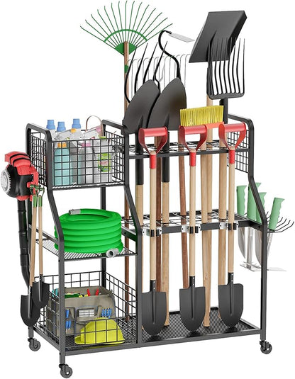 Garden Tool Organizer for Garage, 3 Tier Utility Yard Tool Organizer and Storage Holder with Wheels, Large Garden Tool Rack with Extra Storage Basket for Shed/Garage/Yard/Basement/Lawn