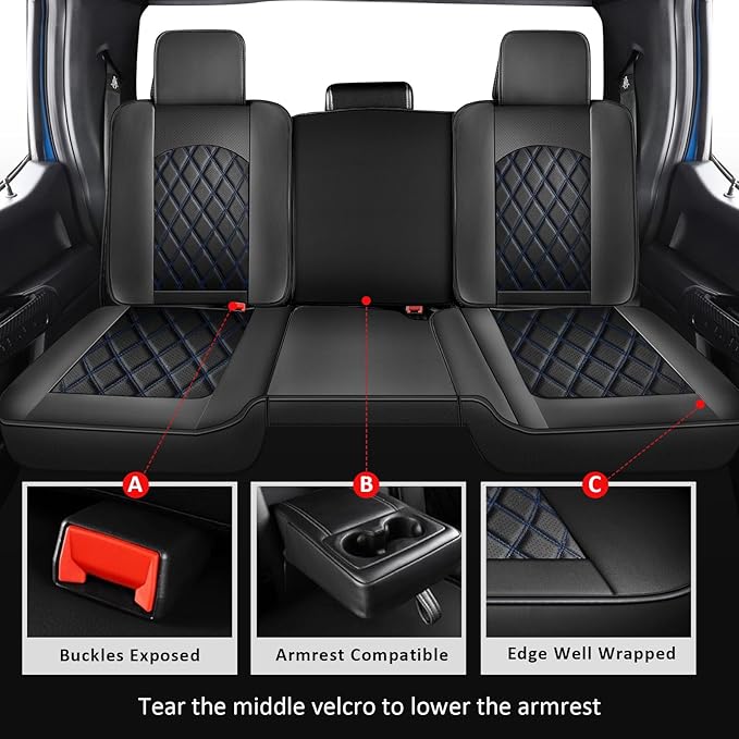 MIROZO Seat Covers for Ram, Waterproof Truck Seat Covers Compatible with 2009-2025 Dodge Ram 1500 2500 3500 Truck Pickup Crew Quad Cab with Split Bench 40/60(Black and Blue,Full Set Curved Back)