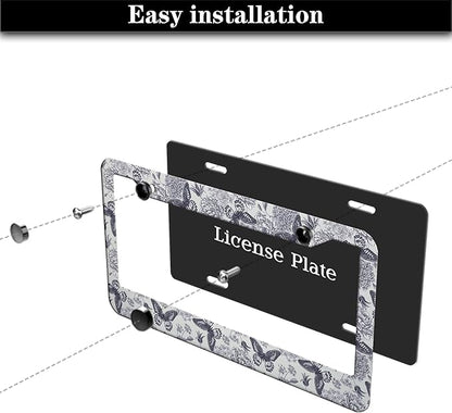 Automotive Exterior Accessories Black and White License Plate Frames Butterfly Flowers Universal Aluminum Car Accessory 2 Pack with Screw Covers Set