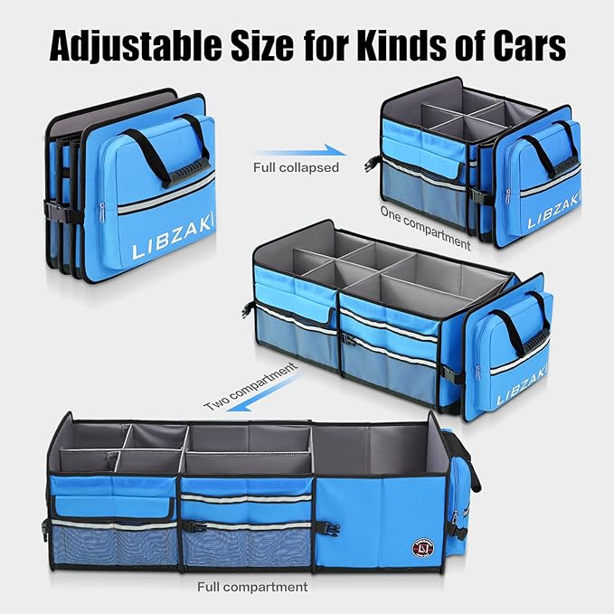 LIBZAKI Oversize 4 in 1 Car Trunk Storage Organizer, Multi Compartment Collapsible Trunk Storage Box with Cooler Bag for Car Truck SUV-Light Blue