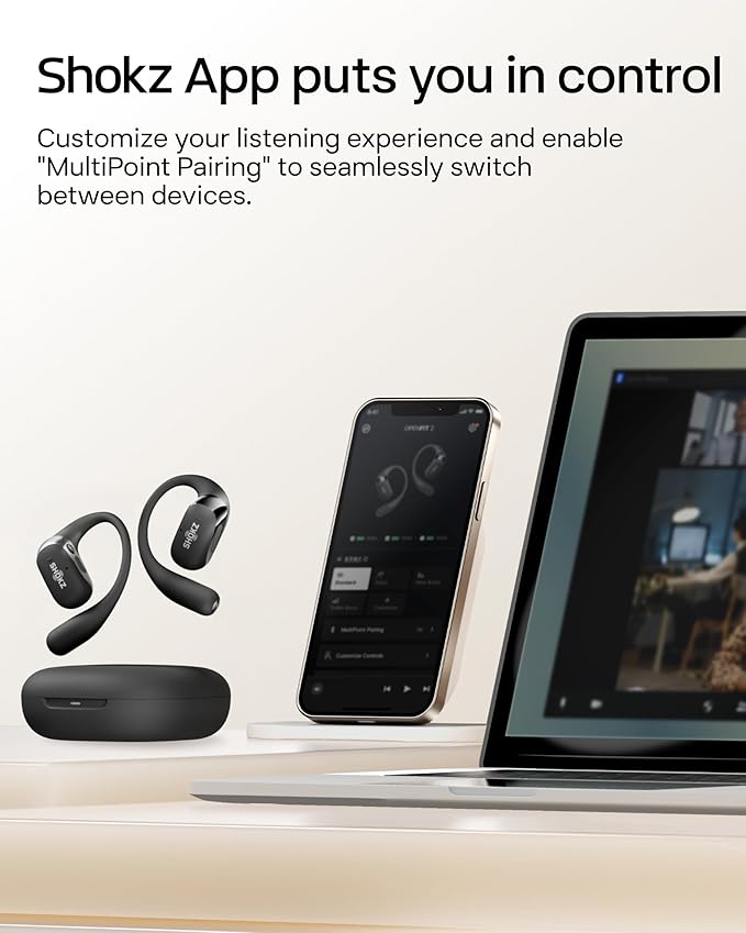SHOKZ New OpenFit 2 Open-Ear Headphones, True Wireless Bluetooth Earphones with Microphone, Earhook Earbuds with 48 Hours of Playtime, Fast Charging, IP55 Water-Resistant, with Carrying Bag, Black