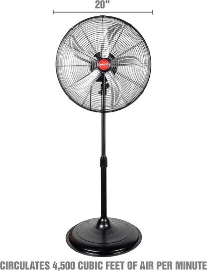 OEMTOOLS OEM24871 20" Oscillating Pedestal Fan, Adjustable Height for Garage, Shop, Gym, Warehouse 4500 CFM Airflow, 3-Speed Enclosed Motor, 5 Aluminum Blades, Dust-Resistant Industrial Purpose