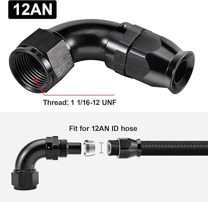 EVIL ENERGY 12AN 90 Degree PTFE One Piece Full Flow End Hose Fitting Aluminum Black