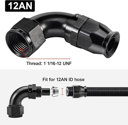 EVIL ENERGY 12AN 90 Degree PTFE One Piece Full Flow End Hose Fitting Aluminum Black
