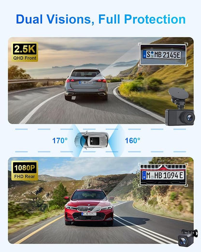 Dash Cam Front and Rear, 2.5K+1080P Dual Dash Camera for Cars, 2’’ Display Mini Car Camera, G-Sensor Dashcam, Night Vision, 24H Parking Mode, Loop Recording, 170°Wide Angle, 64GB Card Included, Black