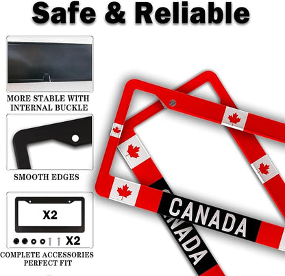 License Plate Covers Red, Black, White License Plate Frames Canada Flag Universal Aluminum Car Accessory 2 Pack with Screw Covers Set