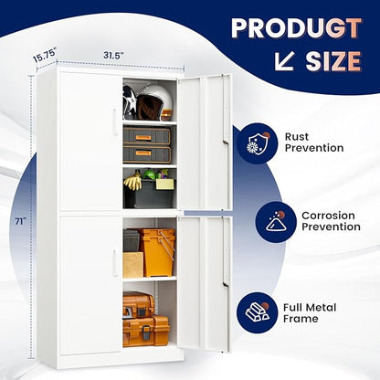 Yizosh Metal Storage Locking Cabinet with 4 Doors and 2 Adjustable Shelves,71" Lockable Garage Tall Steel Cabinet,for Home Office,Living Room,Pantry,Gym,Commercial Storage (White)