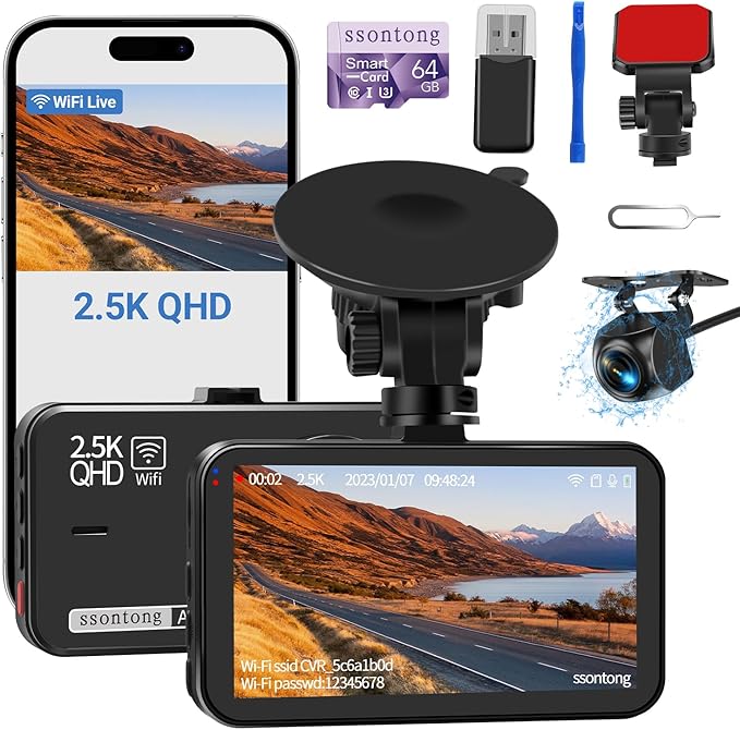 Dash Cam Front and Rear, Dash Camera for Cars WiFi/APP Control Dual Dashcam W/ 64GB Card, 2.5K Dash Cam Front+1080P Rear Car Camera W/Super Night Vision, Loop Recording, G-Sensor, Max Support 256GB