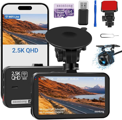 Dash Cam Front and Rear, Dash Camera for Cars WiFi/APP Control Dual Dashcam W/ 64GB Card, 2.5K Dash Cam Front+1080P Rear Car Camera W/Super Night Vision, Loop Recording, G-Sensor, Max Support 256GB