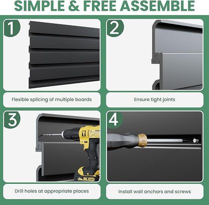 Slatwall Panel Wall Storage Systems, 4x8 ft Slat Wall Paneling Garage Wall Organizer with Five Hooks, Heavy Duty Wall Mounted PVC Wall Rack, Black