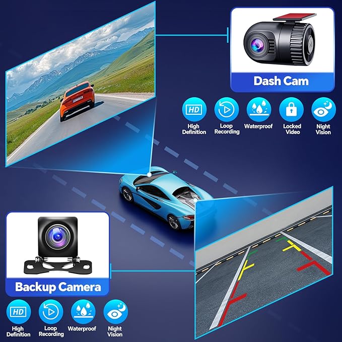 QLED Double Din Car Stereo with Dash Cam & Backup Camera, Wireless Apple CarPlay & Android Auto, Bluetooth, 4.2-Ch 2 Subwoofers Outputs, 7" QLED Touchscreen, MirrorLink, FM/AM Radio