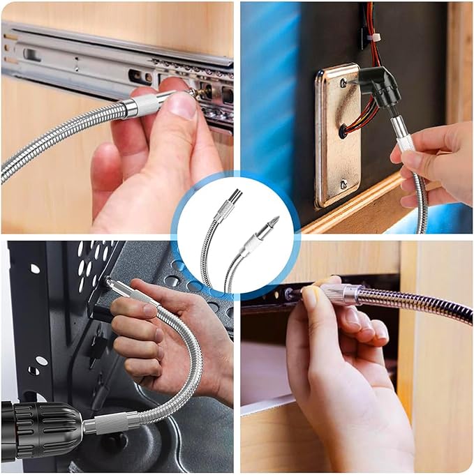 17Pcs Tools Flexible Drill Bit Extension,Include 3Pcs Rotatable Socket Adapter 2Pcs Hex Shank 105° Right Angle Drill Attachment 10 Short Screwdriver Bits 90° Angled Bits & Bendable Drill Bit Extension