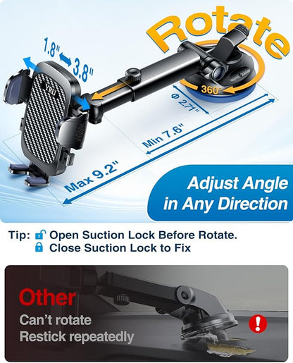 [True Military-Grade & 360 Degrees Rotatable Suction] 2025 YRU Ultimate Car Phone Holder Mount 【90+LBS Safest Strongest & Patent Certs】Dashboard Windshield Vent for iPhone 16 15 Pro Max Samsung, Black