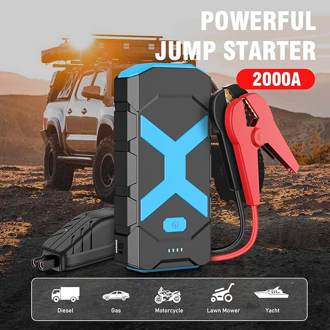 2000A Car Battery Jump Starter, 12V Car Jumper Starter Portable for 8.0L Gas & 6.5L Diesel, 20000mAh Battery Backup with USB QC 3.0 LED Light SOS for Emergency Use