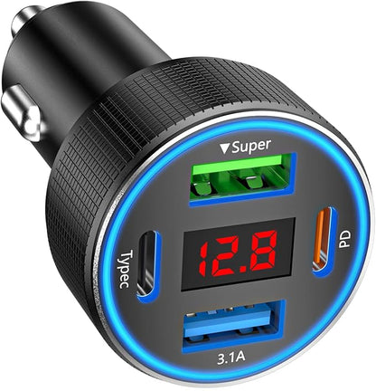 Car Charger USB C, 78W 4 Port Fast Charging Car Phone Charger Adapter, Dual USB-C & USB-A Cigarette Lighter Adapter with Voltmeter Type C Vehicle Accessories for iPhone 16 15, iPad, Samsung, Android