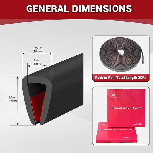 Rubber Edge Trim, 1/4" Self Adhesive Flexible U Channel Edge Protecter for Sheet Metal, Glass, Flexiglass and Plywood, Fit for 7/32"-9/32" Width Edge, Black Color, 20Ft, EPDM Material