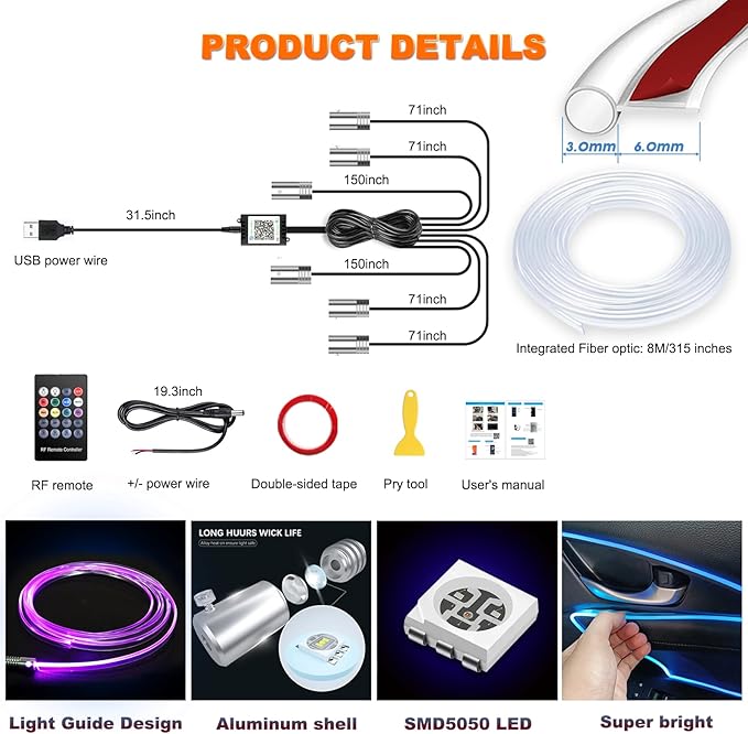 USB Interior Car LED Strip Lights with Wireless APP and Remote Control, RGB 6 in 1 Ambient Lighting Kits with 315 inches 3.0mm Fiber Optic, 16 Million Colors Car Neon Lights, Sync to Music