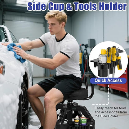 Rolling Shop Stool with Wheels, Heavy Duty Garage Work Mechanic Stool with Backrest, Adjustable Height 360°Swivel Rolling Chair with Tool Tray Storage, 330 LBS Capacity, Black