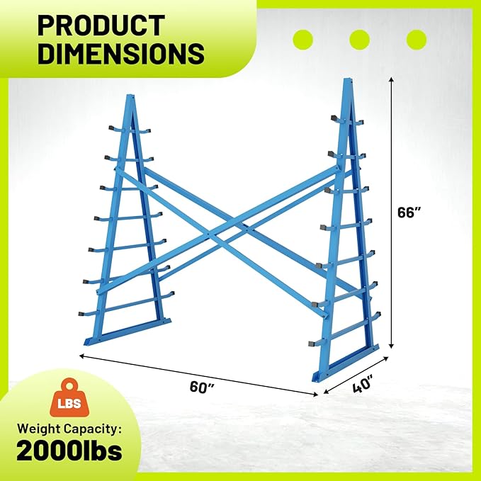Horizontal Lumber Storage Rack, Heavy Duty 2000 LBS, 60” W x 66” H x 40” D, 7-Tier Metal Garage Shelf with Adjustable Arms for Wood, Pipes, and Building Materials