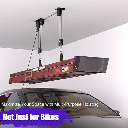 2 Pack Bike Hoist, Heavy Duty Bike Pulley System for Garage Ceiling Bicycle Hanger, Bike Lift Overhead Storage Holds Up to 85 lbs Capacity, Fit 10-16 Foot Ceilings, Black