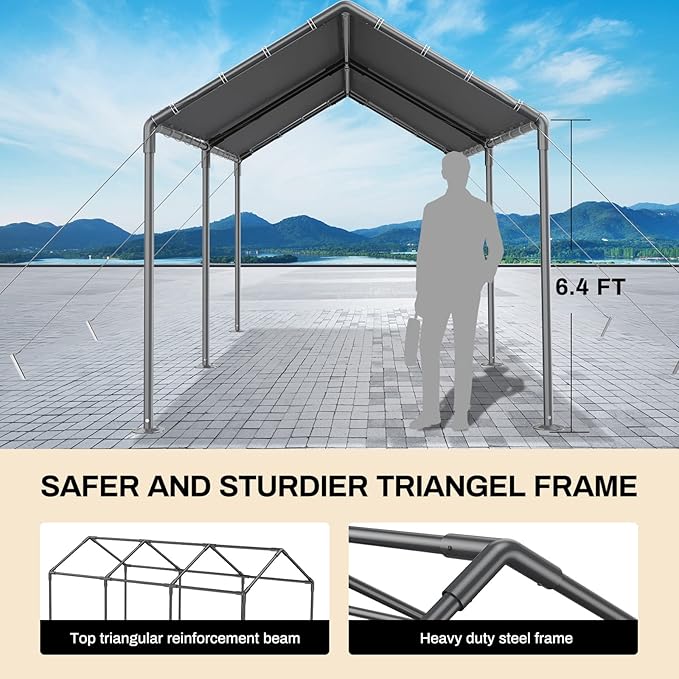 Carport 10x20ft Heavy Duty Car Tent, Portable Garage, Car Shelter, All-Season Tarp Tent for Car, Party，Grey
