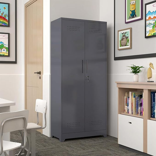 GREATMEET 72.8" H Metal Storage Cabinets with Doors and Shelves, Grey Broom Closet Storage Cabinet, Broom and Mop Utility Cabinet for Home,Kitchen,Garage