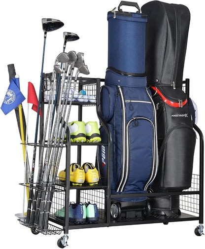SNAIL Golf Bag Garage Storage Organizer Extra Large Size Golf Bag Rack Stand Holder Fits 2 Golf Bags and Other Golfing Equipment Accessories, Metal Black Golf Club Storage for Garage Shed and Basement