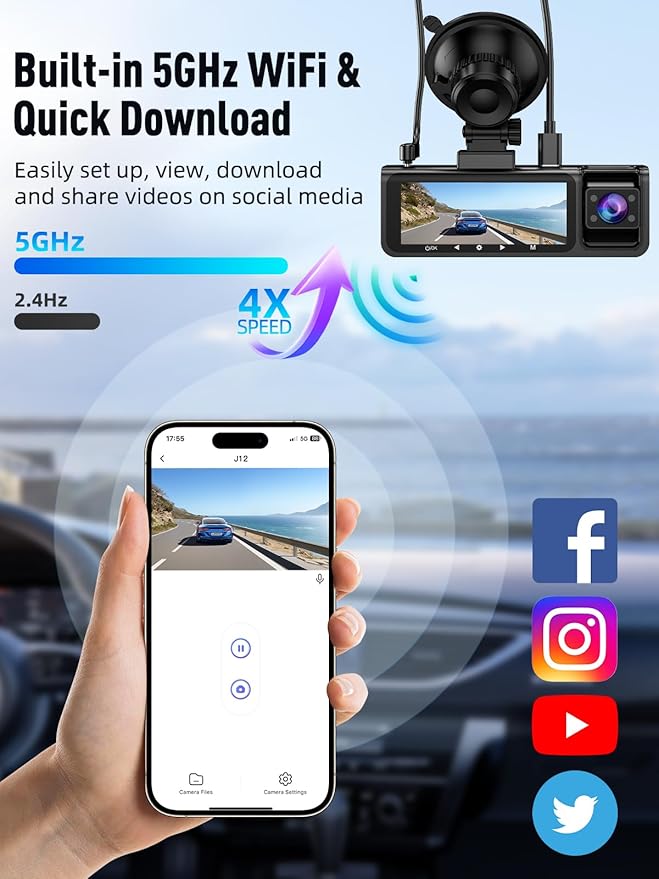 3 Channel 5G WiFi Dash Cam, 4K+1080P+1080P Dash Cam Front and Rear Inside with 64GB Card, 3.16” IPS Screen, G-Sensor, Loop Recording, Parking Monitor, 170° Wide Angle, IR Night Vision, WDR, Black
