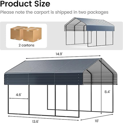 10'x15' Heavy Duty Metal Carport, Outdoor Garage Car Shelter Shade with Heavier Frame, Galvanized Roof for Car and Boats, Grey