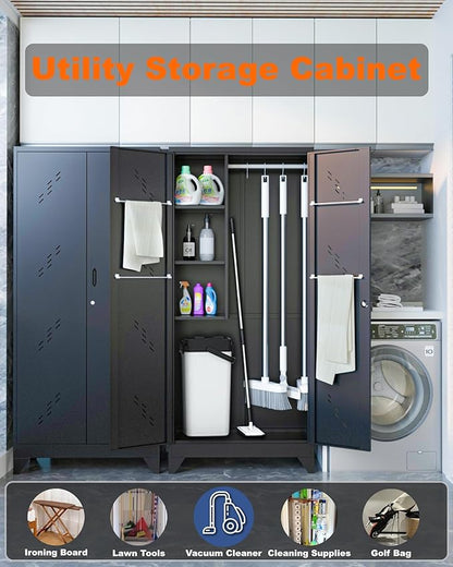 75" Metal Storage Cabinet with Lockable Doors, Functional Garage Storage Cabinet, Tool Chset Garage Organization with Hanging Rod & S-Hooks