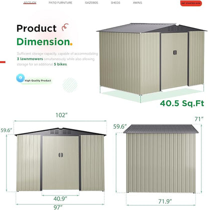 AECOJOY 8 x 6 Ft Shed, Outdoor Storage Tool Shed (Sliding Door), Metal Garden Shed for Yard, Outdoor Storage Clearance in Grey