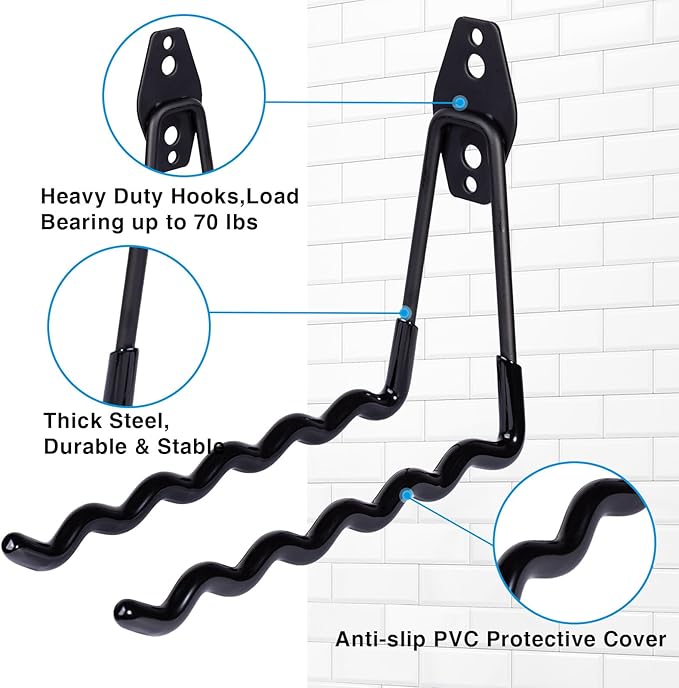 2 Packs Garage Wall Hooks Heavy Duty Hanger,Wall-Mounted Metal Badminton Racket Holder, Tennis Racket Holder Organizer, Hooks for Cables, Ropes and Hoses,Extension Cord Holder (Black)