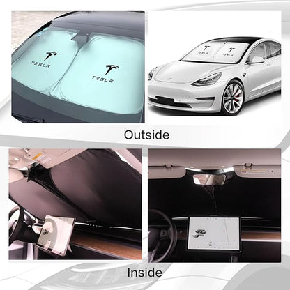 300T Sunshade for Tesla Model Y Model 3, Car Accessories 2025 for Tesla, Front Window Sunshade with Organizer Bag, Gifts for Tesla Owners (Blue)