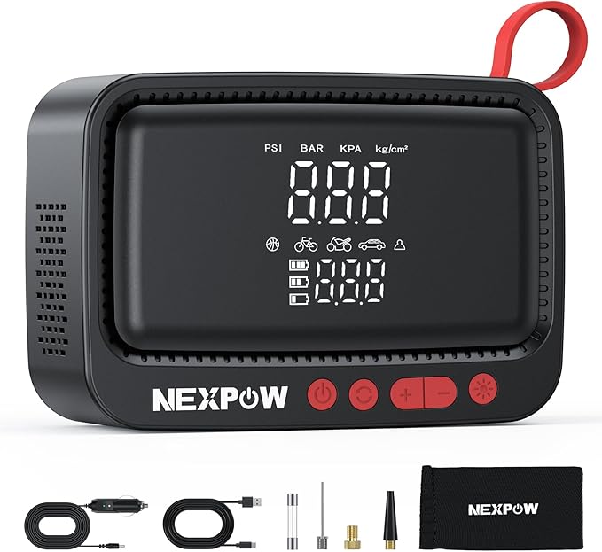 NEXPOW Tire Inflator Portable Air Compressor, 150 PSI Cordless Air Pump for Car Tires with Dual Digital Pressure Gauge and Auto Shut-Off, Portable Tire Inflator for Car, Motorcycle, Bicycle, Balls etc