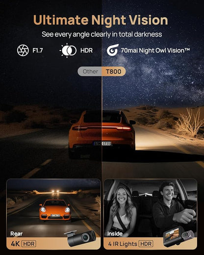 70mai 4K T800 3 Channel Dash Cam, Dash Cam Front and Rear Inside(2160P+2160P+1080P), STARVIS 2 IMX678, HDR Night Vision, Dash Camera for Cars with 512GB Card, WiFi 6, 4G LTE, ADAS, 24H Parking Mode