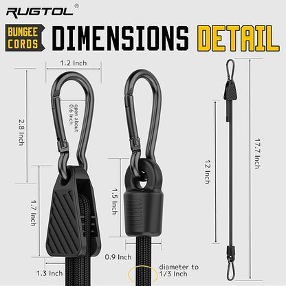 Adjustable Bungee Cords with Hooks, 6 Pack Heavy Duty Outdoor Carabiner Bungee Cord, Black Super Elastic Bungee Straps Easily Adjust from 7" to 12", Great for Cargo, Camping, Bike Racks, Tents