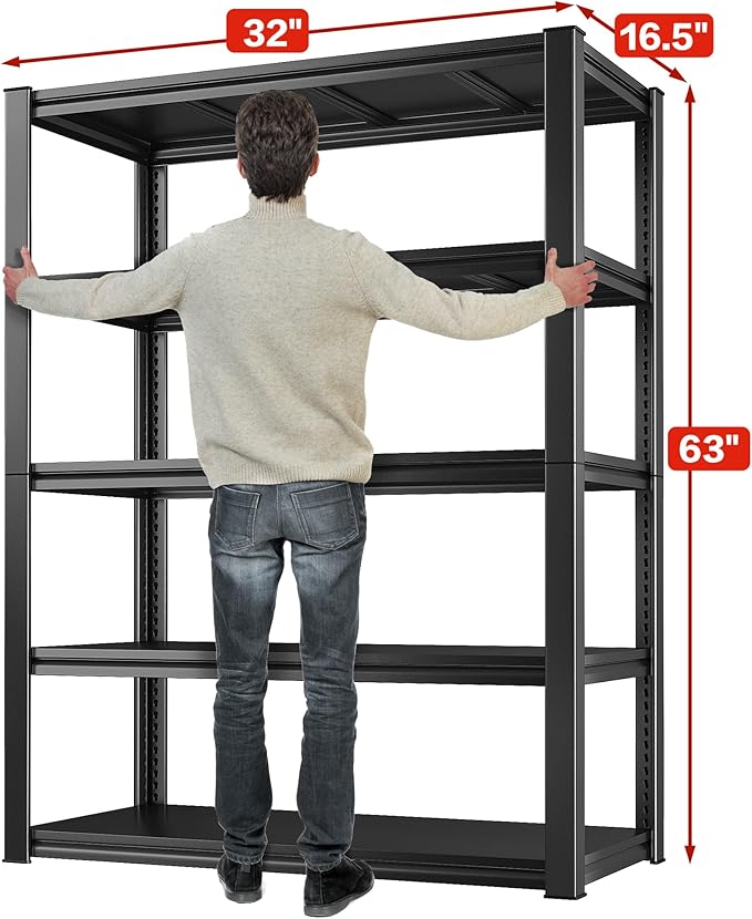 Raybee 5-Tier Industrial Heavy Duty Storage Shelving, 32" W x 16.5" D x 63" H, Black Metal Garage Shelving, 2000LBS Capacity