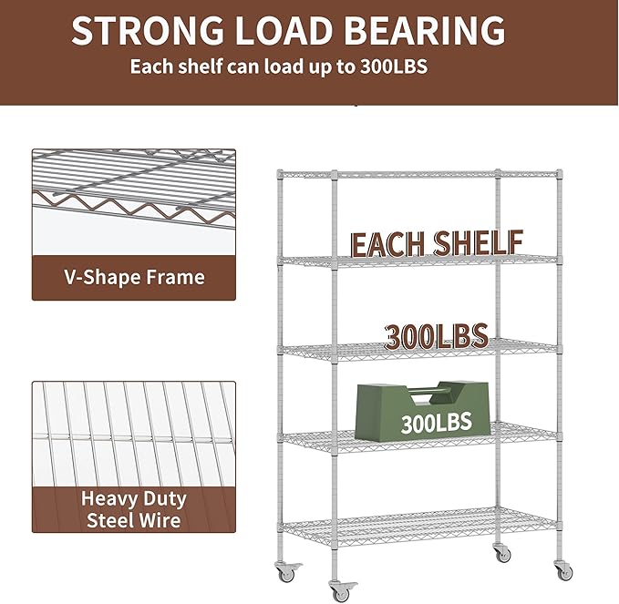 5-Tier Metal Storage Shelving Unit, Adjustable Storage Rack Display Shelves, Industrial Steel Wire Shelf on Wheels, Commercial and Home Use, 48”W x 24”D x 72”H, 1500 LBS Capacity