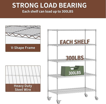 5-Tier Metal Storage Shelving Unit, Adjustable Storage Rack Display Shelves, Industrial Steel Wire Shelf on Wheels, Commercial and Home Use, 48”W x 24”D x 72”H, 1500 LBS Capacity