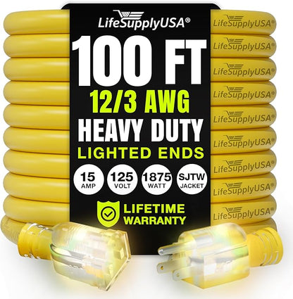 100ft Outdoor/Indoor Extension Cord 12/3 Gauge Extra Heavy Duty 3 Prong SJTW, Waterproof, Flexible Cold-Resistant Long Power Cord,15A 125V 1875W, Yellow by LifeSupplyUSA