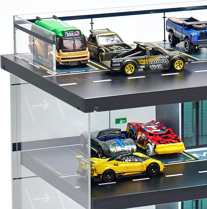 Display Case for Hot Wheels Garage & Matchbox Cars with LED Light, 1/64 Scale Diecast Toy Cars Garage, Storage Case for Hot Wheels, Parking Garage Diorama with 4 Levels Maximum 58 Cars
