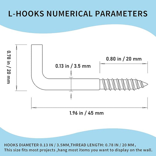304 Stainless Steel 2 in Screw-in Hooks 20 Pcs,7 Shape Screw Hooks,Right Angle Medal Hooks l Shaped Screw in Hooks for Hanging