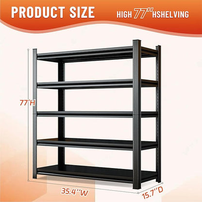 5-Tier Heavy Duty Metal Shelving Unit, 2500LBS Capacity Garage Storage Shelf, Industrial Adjustable Storage Rack for Warehouse, Basement, Commercial & Home Use (77" H x 35.4" W x 15.7" D,Black)