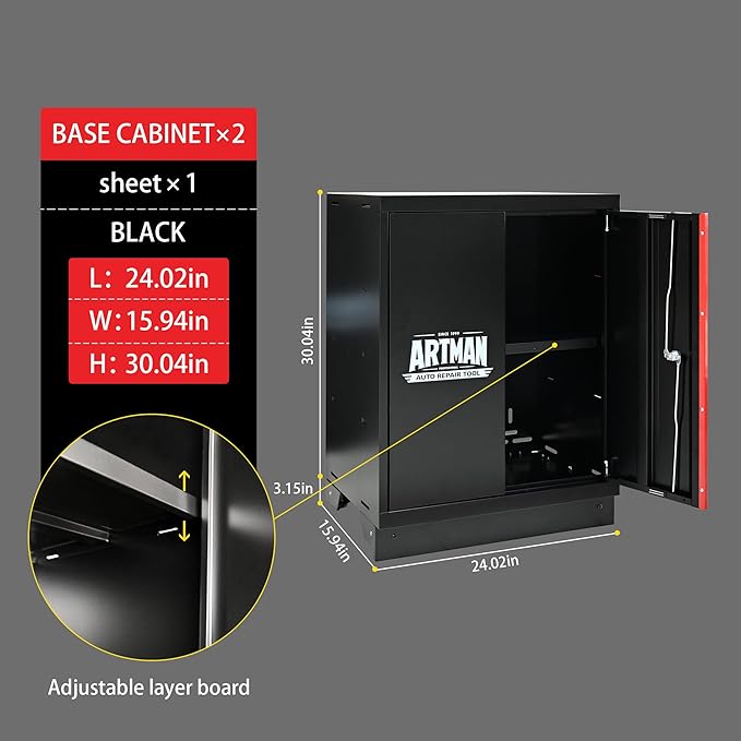 Garage Storage Cabinets System, 6-Pcs Workshop Cabinet Set in Black and Red, Included Steel Cabinets, LED Lights, Wood Panel, Key Locking, Adjustable Door Panels and Legs