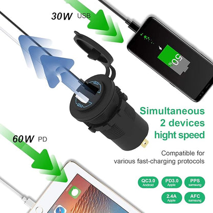 12V USB Outlet - 90W(Max) Dual Ports QC4.0 PD & Quick Charge3.0 Car Charger Socket with LED Indicator - Waterproof USB C Port for Car Boat Marine Motorcycle RV Truck ATV Golf Cart