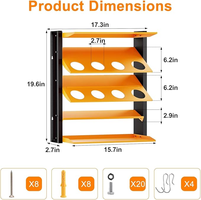 Spray Can Holder, Wall Mount Spray Paint Can Holder, Spray Can Rack with 8 Can Holes & 2 Shelf, Heavy Duty Paint Bottle Organizer for Garage, Home, Shop