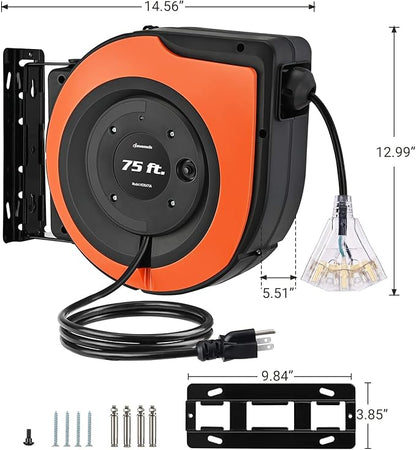 DEWENWILS Retractable Extension Cord Reel, 75 FT Heavy Duty Power Cord, 14/3C SJTOW, Lighted Triple Tap Outlets, 10A Circuit Breaker, Wall/Ceiling Mounted for Garage, Workshop, UL Listed