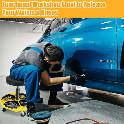 Adjustable Mechanic Rolling Stool, Pneumatic Rolling Stool with Wheels, Tool Storage Tray & Padded Seat Cushion, Garage Stool Chairs Creeper Seat (Yellow)