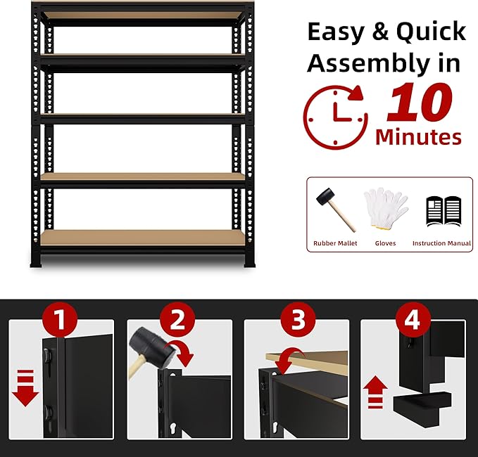5-Shelf Heavy Duty Shelving - Adjustable Garage Storage Shelves, Metal Utility Storage Racks for Warehouse Pantry Basement Kitchen, Garage Organizers Shef Unit, Black, Packs of 3