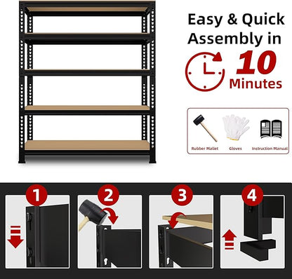 5-Shelf Heavy Duty Shelving - Adjustable Garage Storage Shelves, Metal Utility Storage Racks for Warehouse Pantry Basement Kitchen, Garage Organizers Shef Unit, Black, Packs of 3
